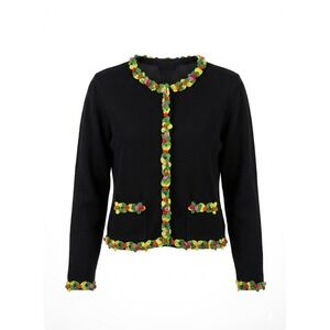 Vintage Bellepointe 3D Floral Crochet Cardigan Black L Art to Wear 90s